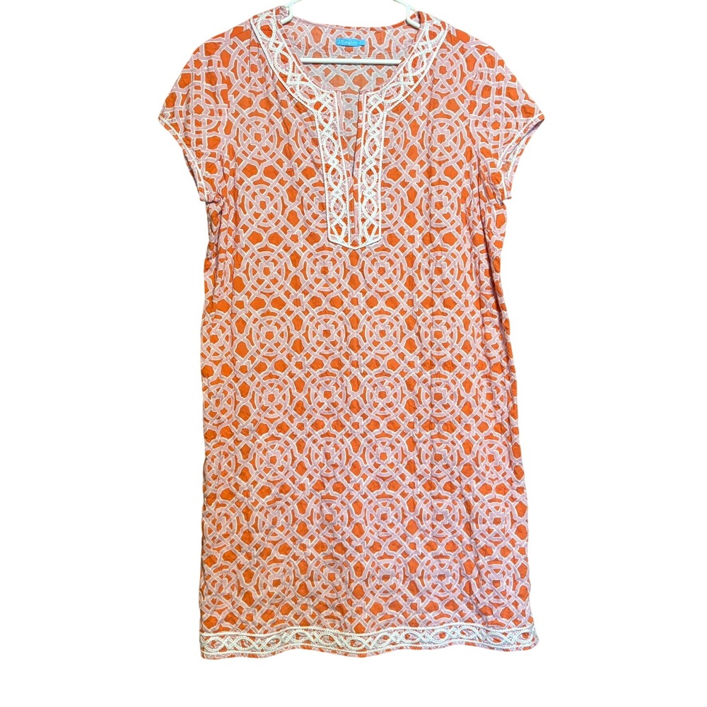 J.McLaughlin Shift Dress L Orange Geometric Lattice Embroidered Preppy Coastal